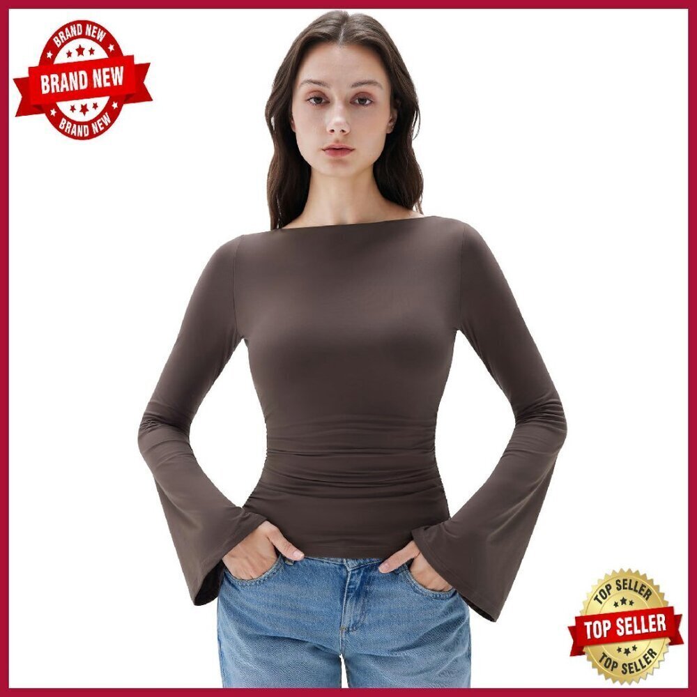 Double Lined Bell Sleeve Fitted Top Slim Fit Long Sleeve Basic Shirt